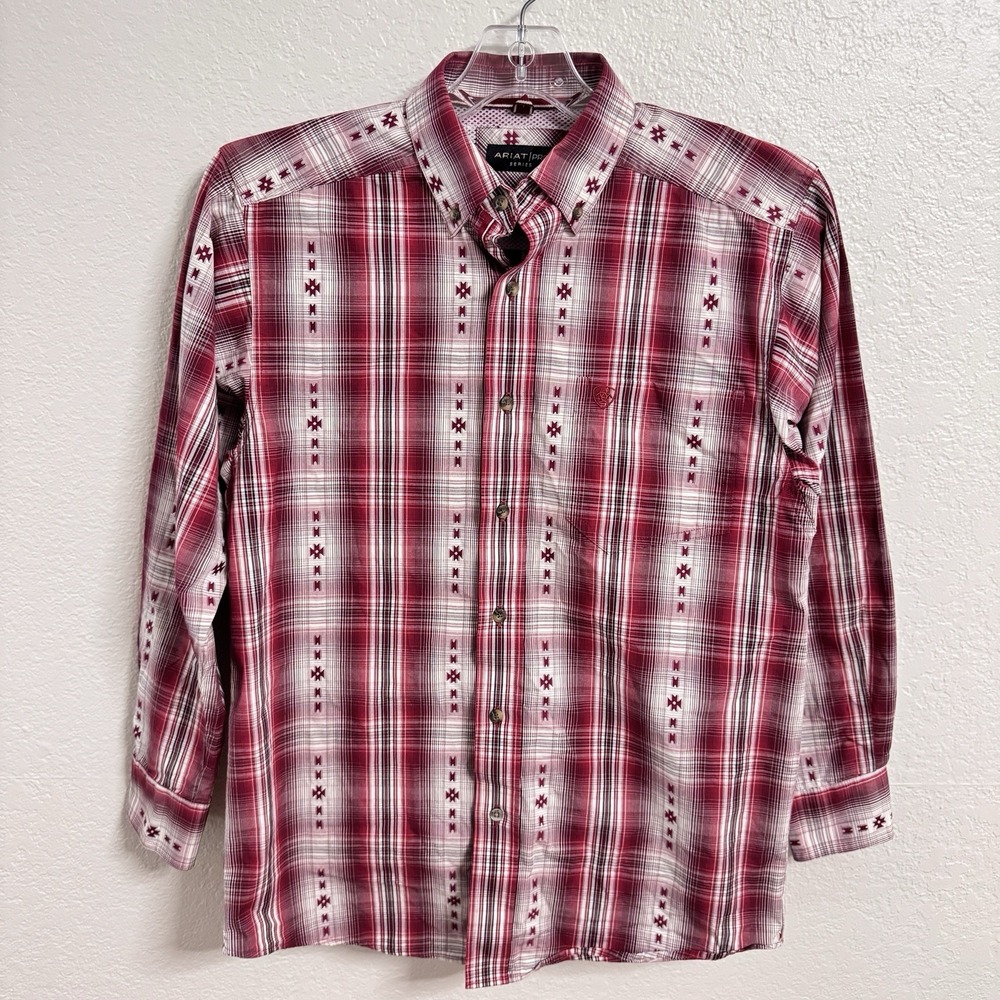 Ariat Pro Shirt Mens XS Wilfred Red Plaid Snap Pearl Western Long Sleeve Rodeo‎